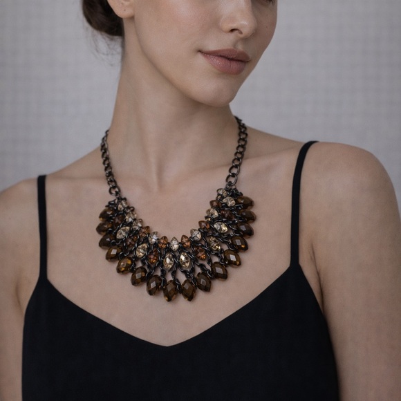 Source Unknown Jewelry - Brown & Smoke Crystal Statement Necklace | Black Chain Bib